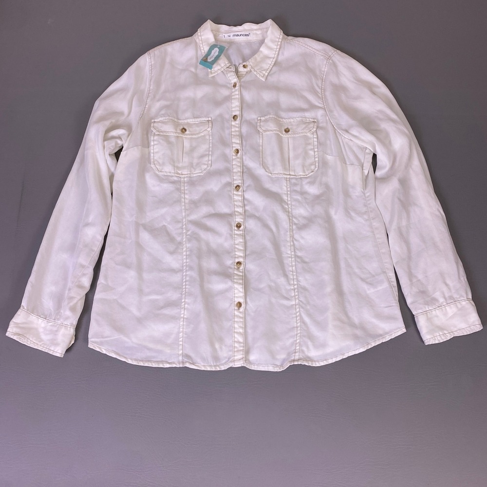Maurices Button Up‎ Shirt Plus Size 1X Off White Lyocell Utility Long Sleeve NWT